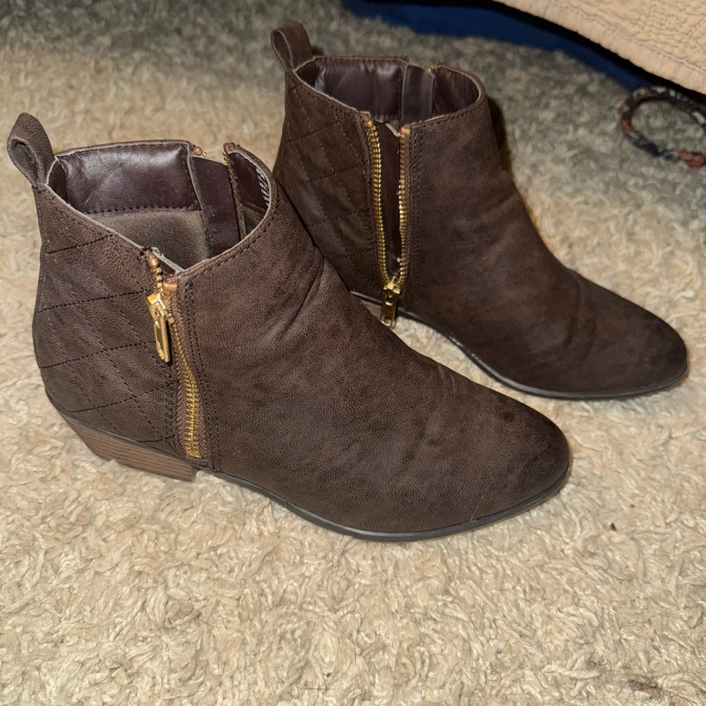 JustFab Brown Ankle Boots with Gold Zippers
